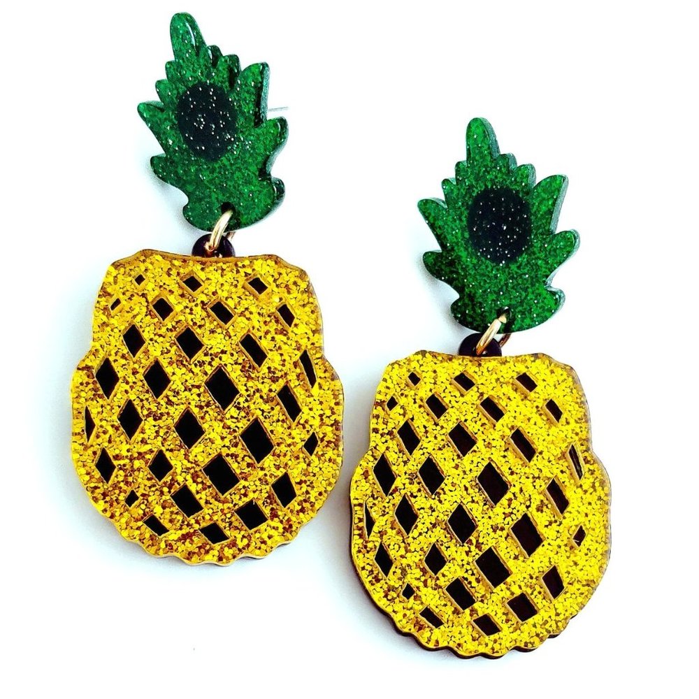 Acrylic Golden Pineapple Glitter Tropical Tiki Earrings